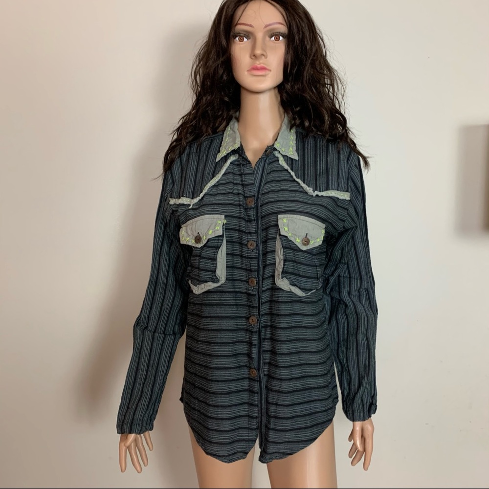 JAYLI Gray Black STRIPED Button Up OVERSIZED Hand Embroidered BLOUSE Shirt TOP L